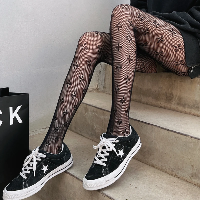 Women Girls Goth Punk Sexy Sweet Clover Fishnet Pantyhose Stockings Harajuku Cross Pattern Tights Large size Mesh Socks Leggings