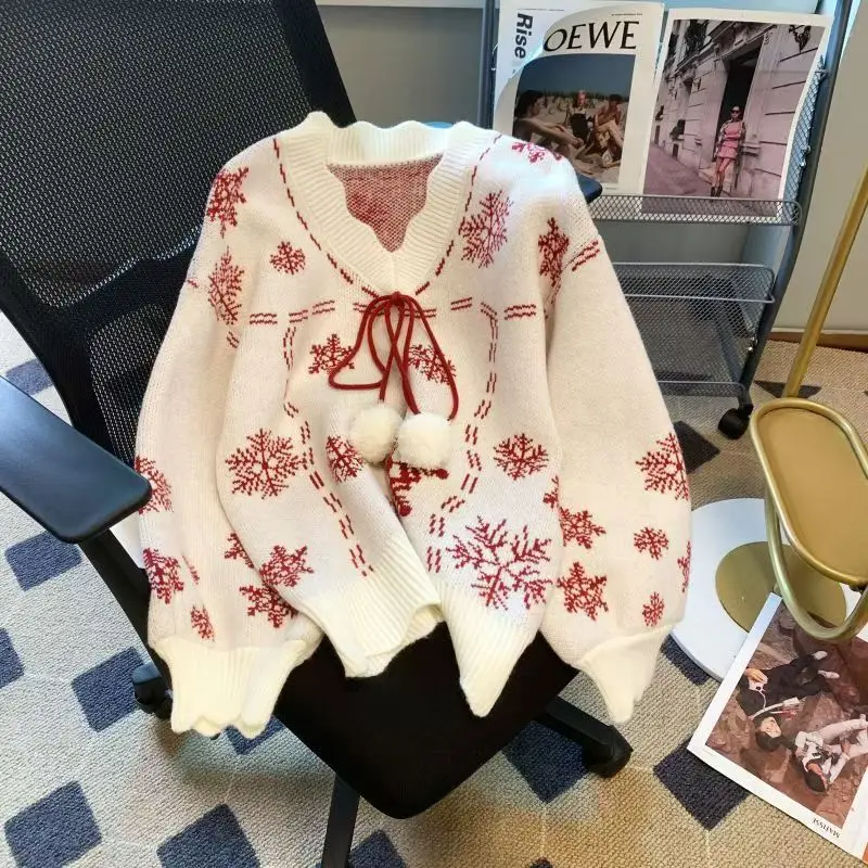 Christmas Snowflake Sweater Women Jumper Bow V Neck Long Sleeve Knitted Sweater Winter Pullover Tops Korean Fashion Sweater New