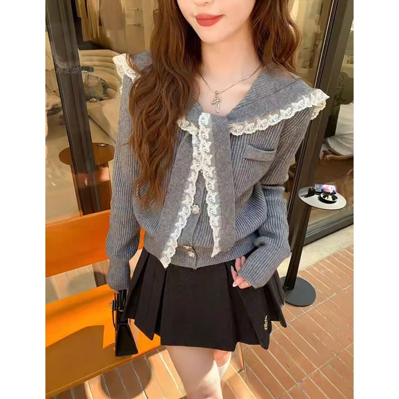 

Cardigans Korean Style Sweaters Womens Winter Fur-Collar Turtlneck Button-Up Half-Zipper Loose Seoulish Smooth Boat High-End Y2K