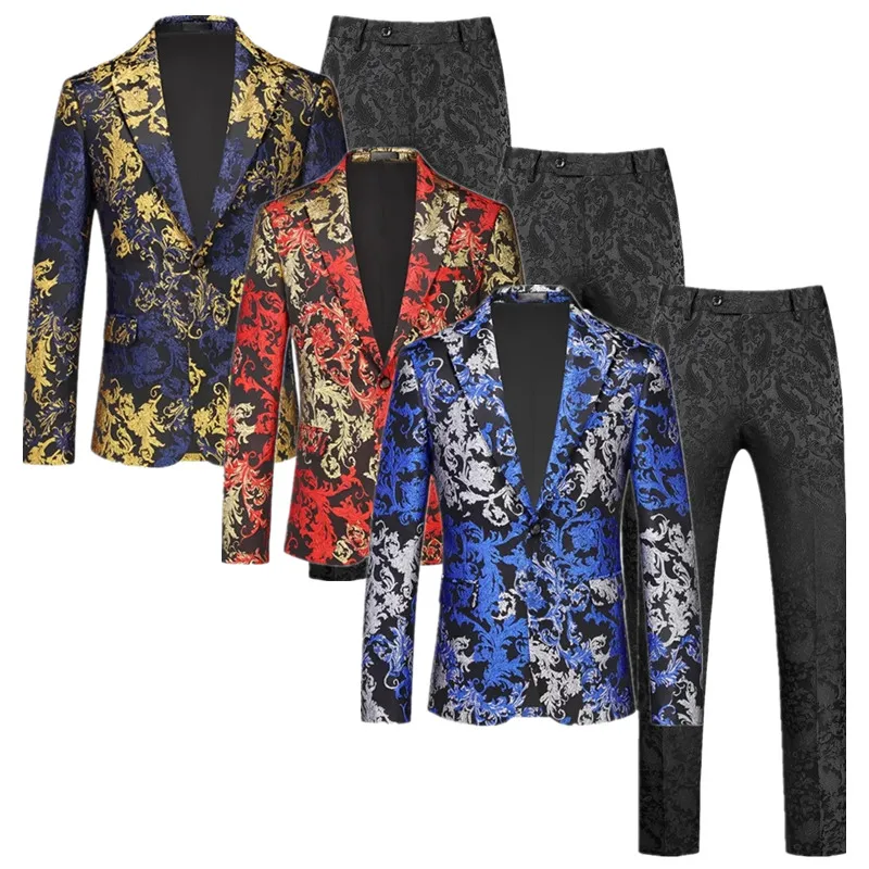 Men's high-end jacquard wedding banquet set 2-piece fashionable singer dance, party, dress, luxurious floral jacket and pants