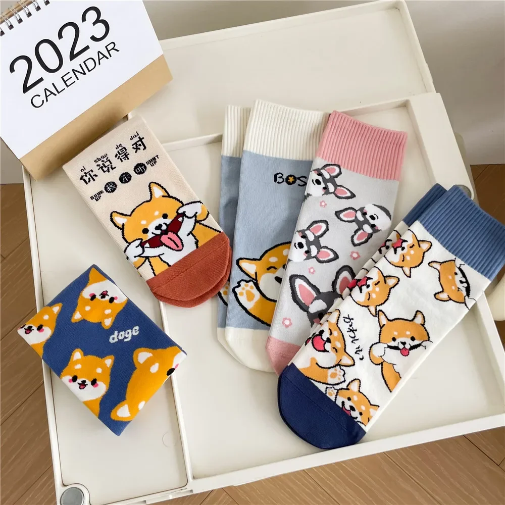 

5PR Boneless Stitched Socks Shiba Inu Bear Peripheral Cute Puppy Akita Cartoon Ankle Socks Low Cut Socks Sports Black and White