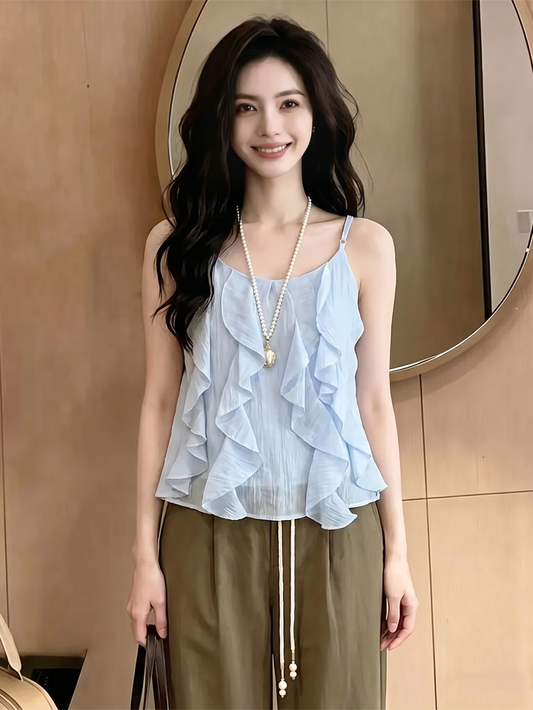

Gentle Summer Blue Sleeveless Women's Tank Top with Lace Design Commute Style Korean Straight Cut White Enhancing Top