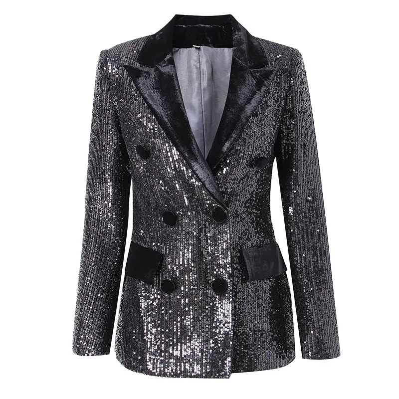 

New 2024 Spring Blazer Jacket Women Mid Long Slim Suit Spliced Sequin Double Breasted Jackets Fashion Streetwear Long Sleeved