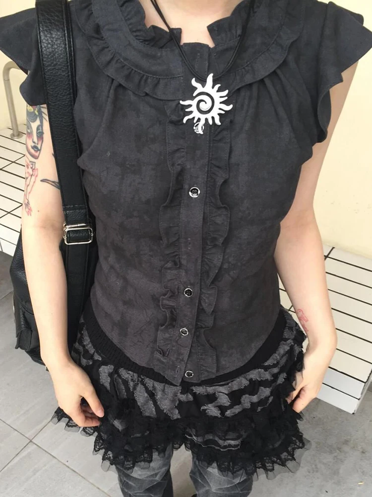 Y2k Rufflesสีดําเสื้อผู้หญิงHarajuku Slimบินแขนเสื้อวินเทจStreetwear Dark Academicฤดูร้อนRetroญี่ปุ่นTops