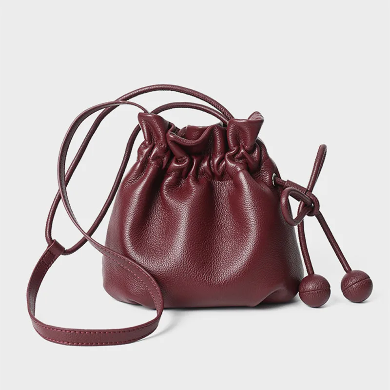 New Luxury Maroon Small Drawstring Bucket Bag Women Quilted Real Cowskin Leather Female Shoulder Bag String Close Gift Pouch