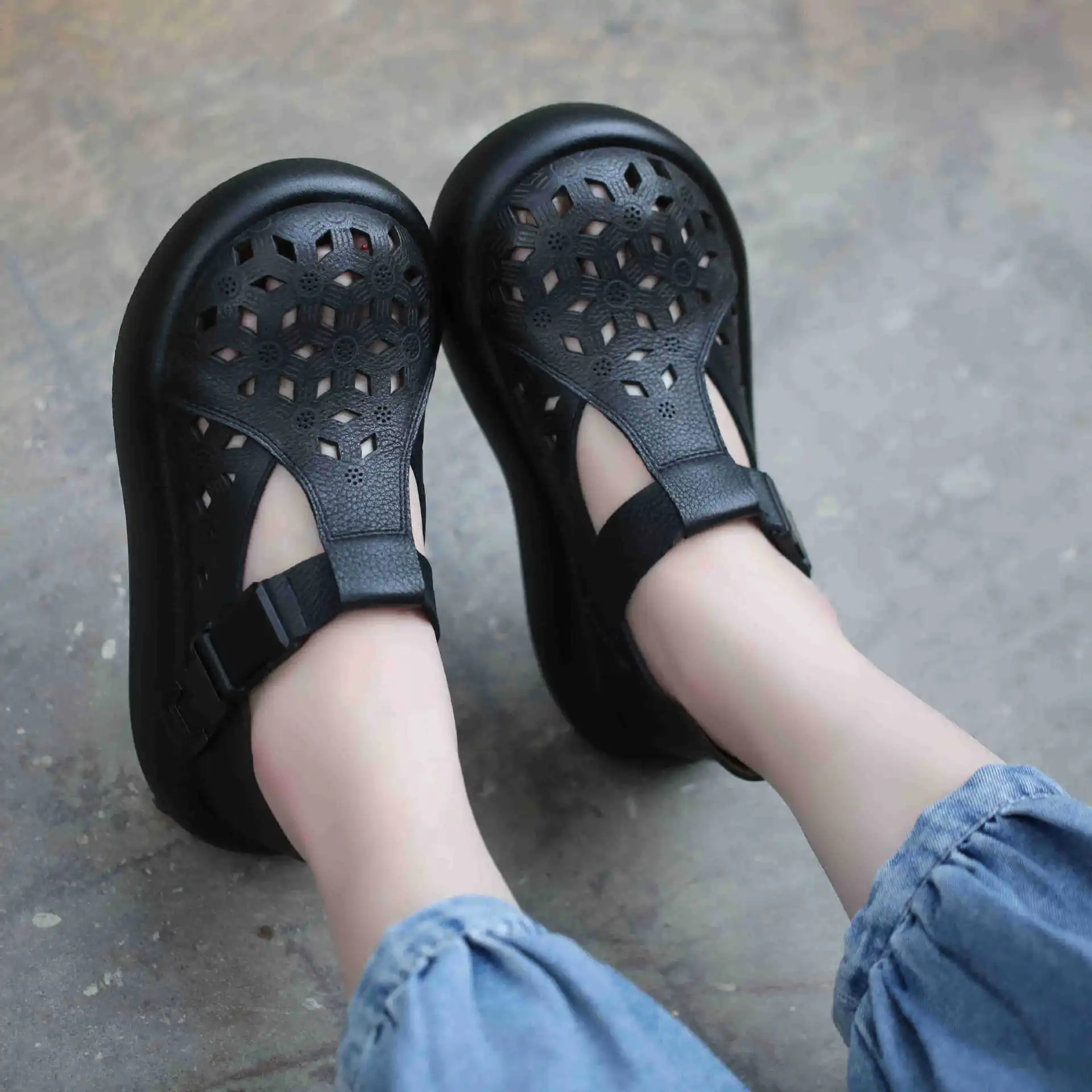 

Careaymade-женская обувь ручной работы из 100% натуральной кожи высокого качества с широким носком, туфли из воловьей кожи на толстой подошве, одиночные туфли с полыми отверстиями