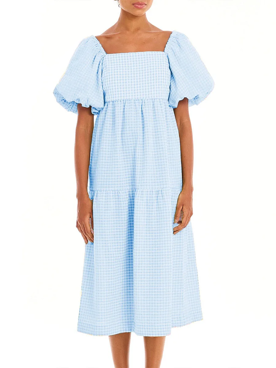 Elegant Women Gingham Short Puff Sleeve Midi Dress Summer Plaid Square Neck Dress Smocked Ruffle Flowy Beach Dress\