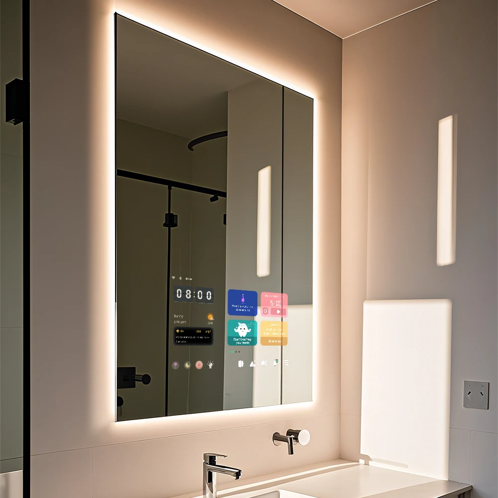 Vercon 2025 AI Smart TV Mirror Android Magic Mirror With 10.1 Touch Screen WiFi Connected And HiFi Speakers For Bathroom Vanity
