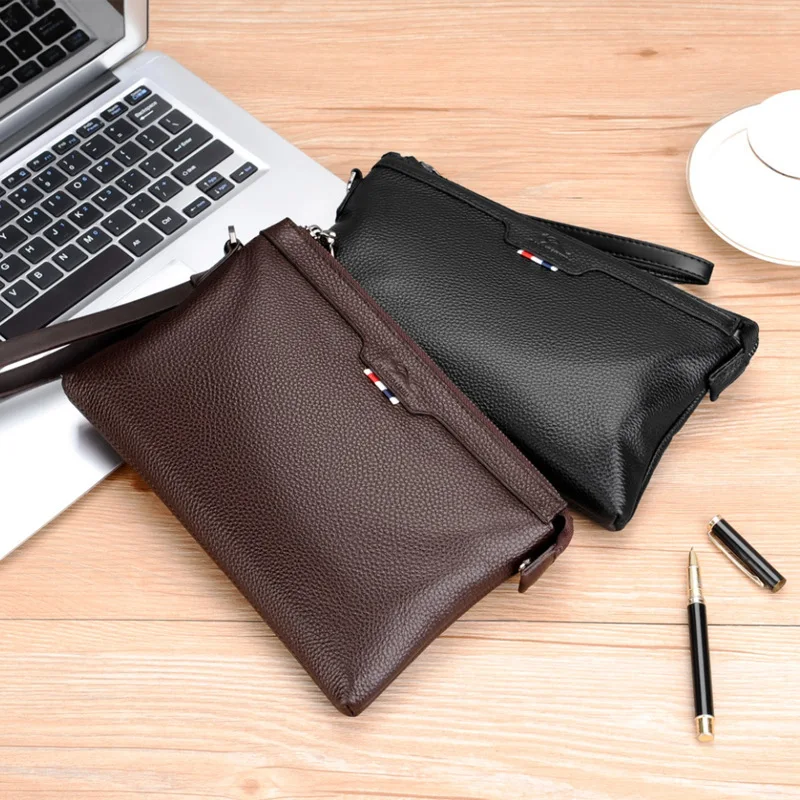 Men's Genuine Leather Cowhide Wallet Large Capacity Casual Tote Envelope Clip Handbag - Stylish Clutch Bag