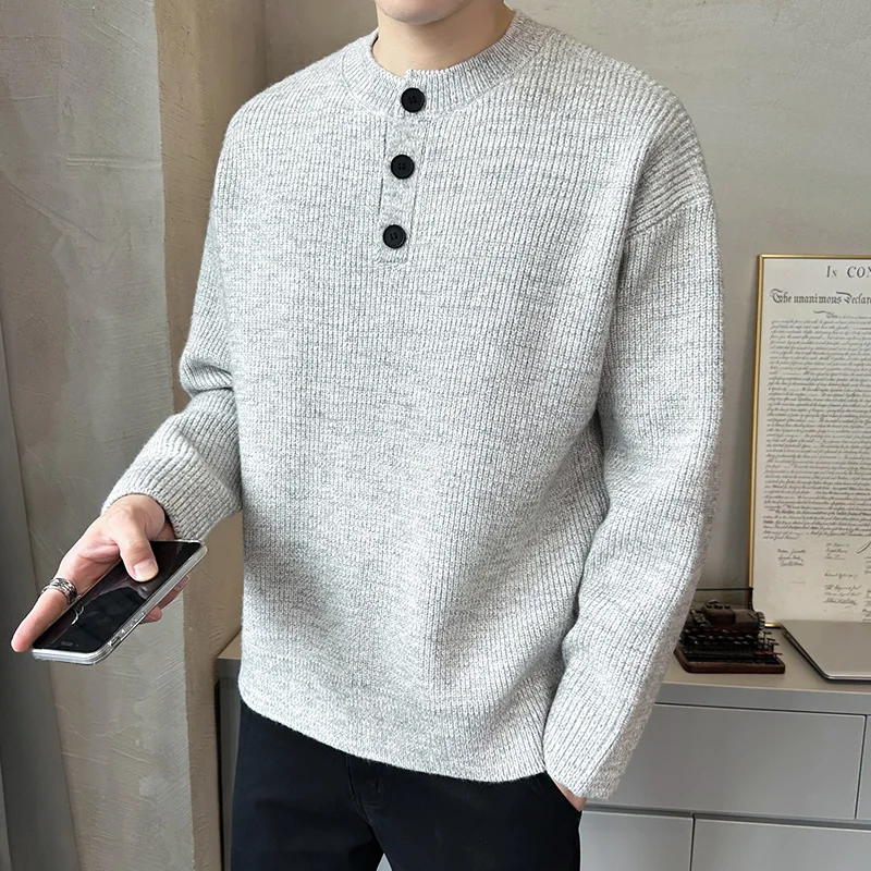 

Повседневный вязаный свитер для мужчин, модный, приталенный, на пуговицах, с воротником хенли, осенне-зимний, универсальный, удобный, дышащий.