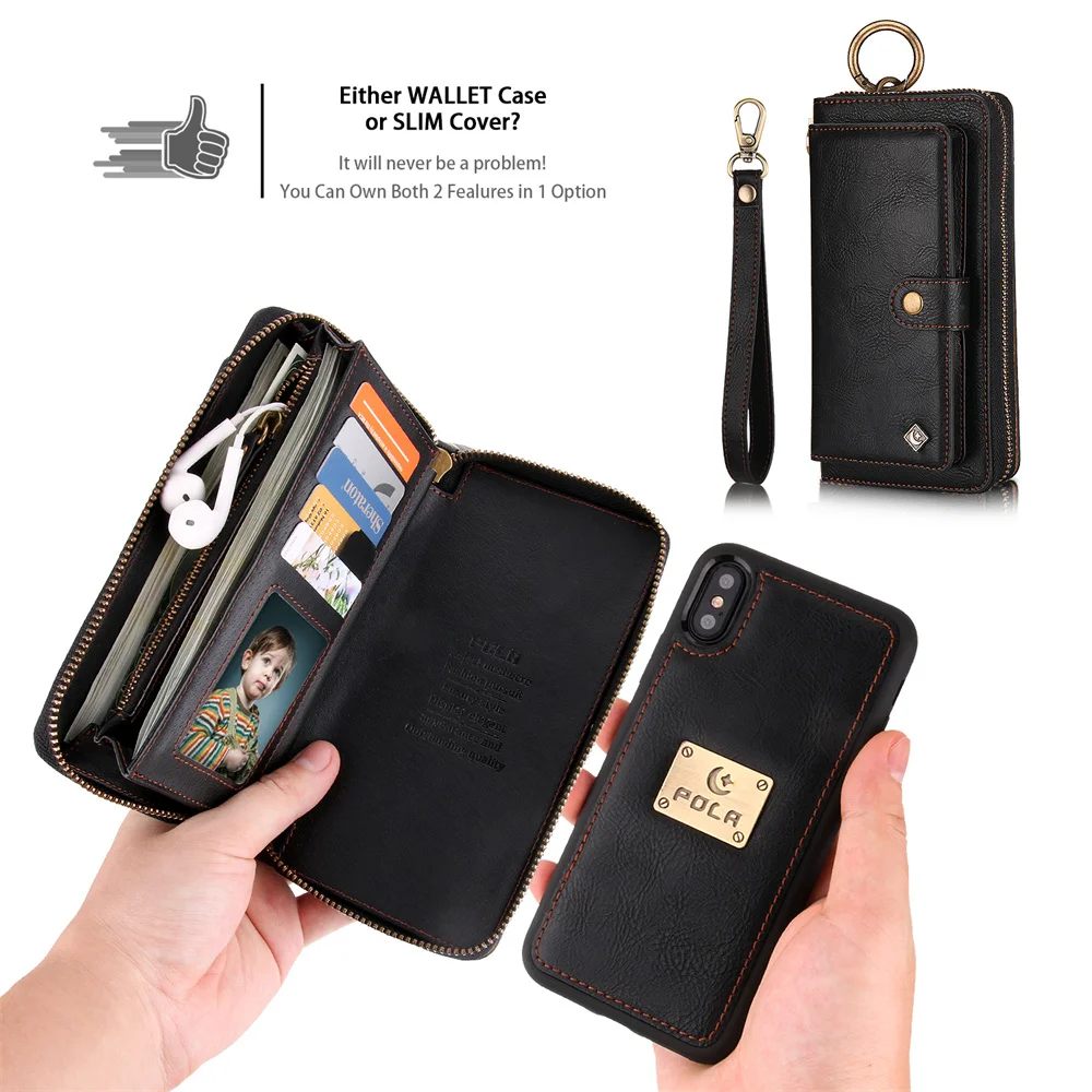 Luxury Detachable Zipper Purse Magnetic Wallet Case for iPhone XS Max XR XS i6 i7 i8 Plus Shockproof Card Pocket Leather Cover image 2