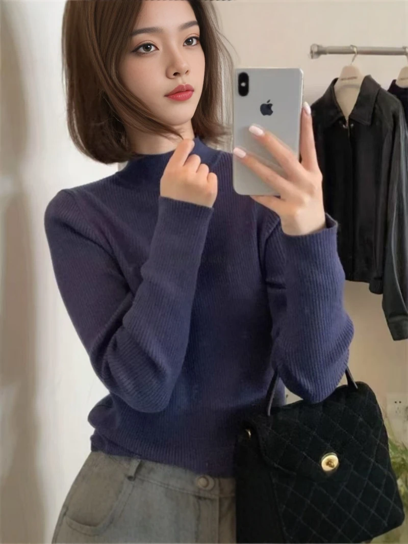 Prosty sweter damski z dzianiny, z wysokim kołnierzem, termiczny, dopasowany, ciepły, z okrągłym dekoltem, mały rozmiar, idealny do pracy, długi rękaw, podstawowy kolor.