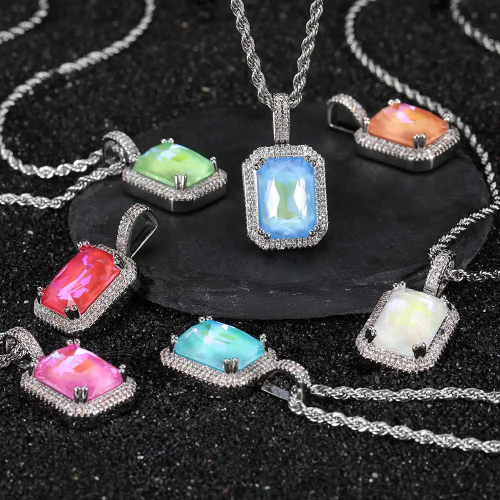 Hot selling Mocha Fluorescent Square Solid zircon Colored Gem Pendant Hip Hop Men\'s And Women\'s Inset Bling Zircon Necklace