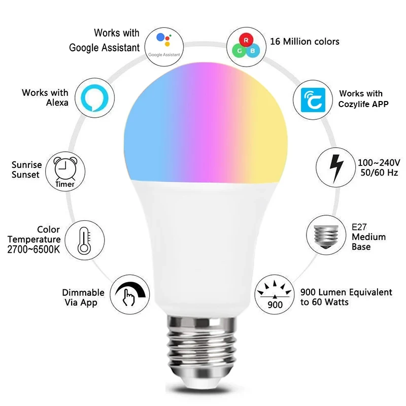 Cozylife-Ampoule intelligente LED 9W RGB + CW, intensité variable, compatible avec Alexa Google