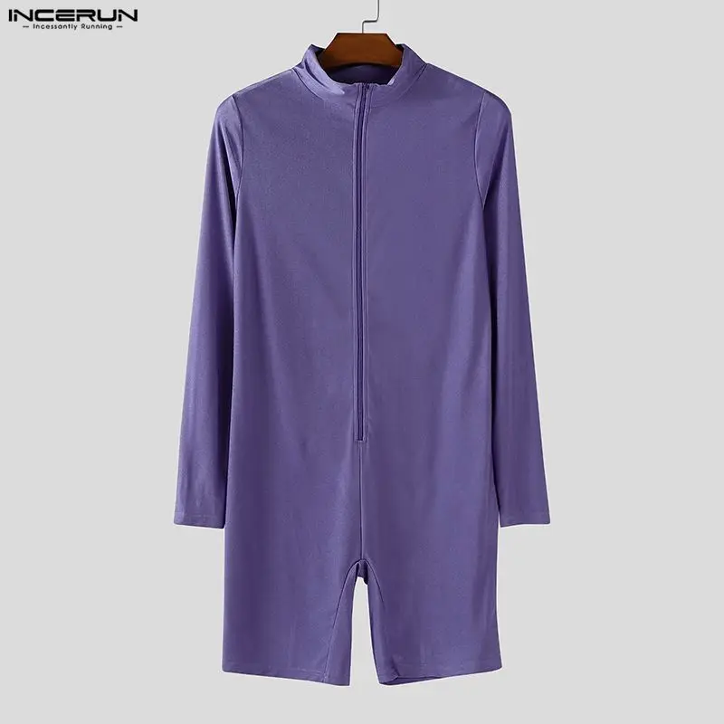 INCERUN الرجال داخلية بلون نحيل سستة طويلة الأكمام الذكور السروال القصير Playsuits تجريب موضة الرجال عادية ارتداءها S-3XL