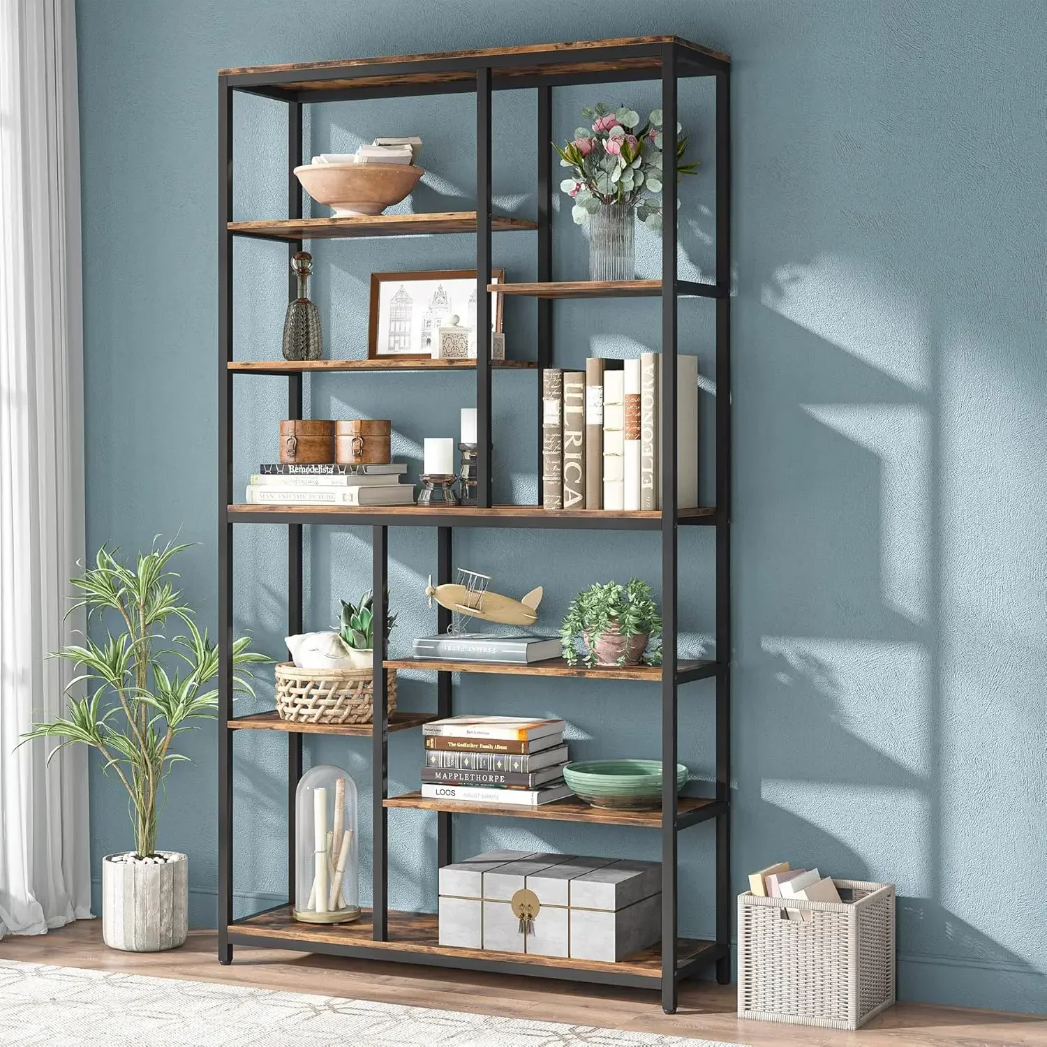 79 inches Tall Bookshelf Bookcase, 8-Tier Staggered Bookcase, Modern Freestanding Open Book Shelves, Wide Wood Etagere