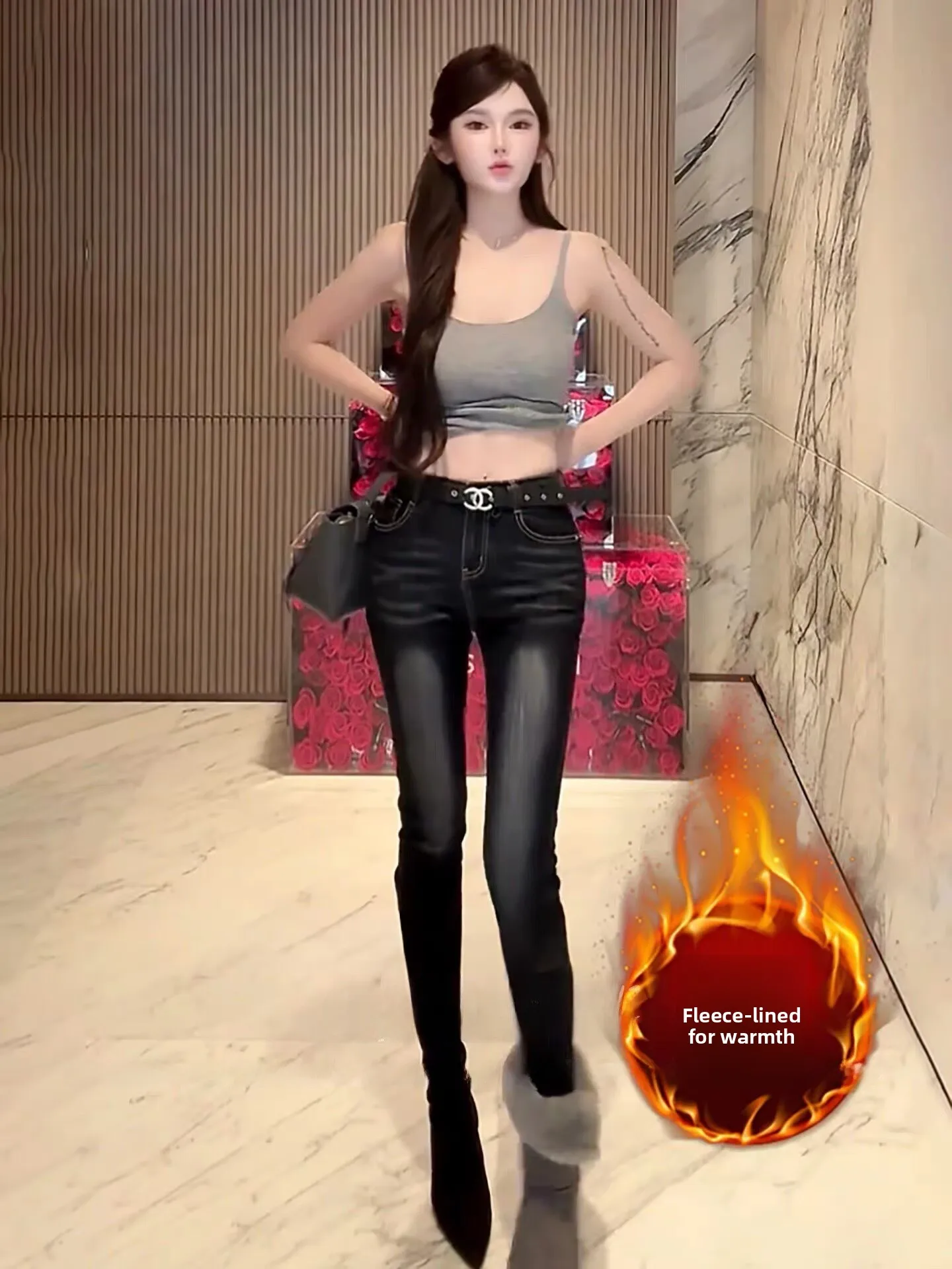 

High Waist Fce Lined Slim Fit Denim Jeans Women's Autumn Winter Bla ey Nine Point Elastic Slimming Personali Jeans