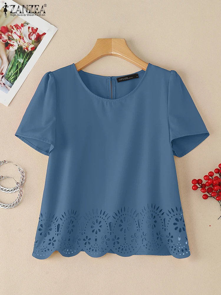 

ZANZEA Openwork Short Sleeve Blusas Mujer O-Neck Woman Casual Solid Blouses Hollow Out 2025 Summer Fashion Scalloped Hem Tops