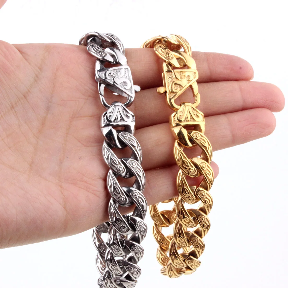 New Fashion Mens Bangles 15mm Solid Gold color  or Silver Stainless Steel Cast Flower Cuban Link Chain Bracelets 9\