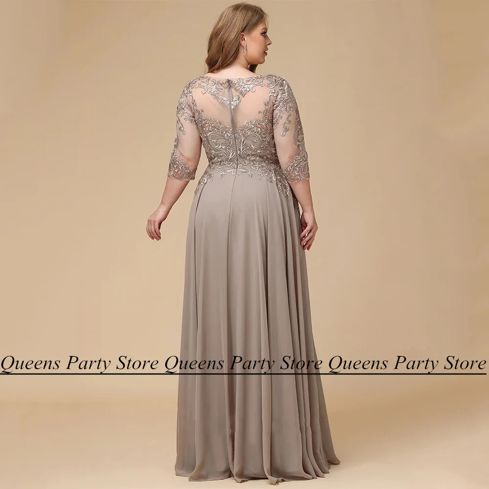 Plus Size Mother of The Bride Dress Scoop Neck 3/4 Sleeves Applique Floor Length A Line Chiffon Summer Wedding Guest Gown