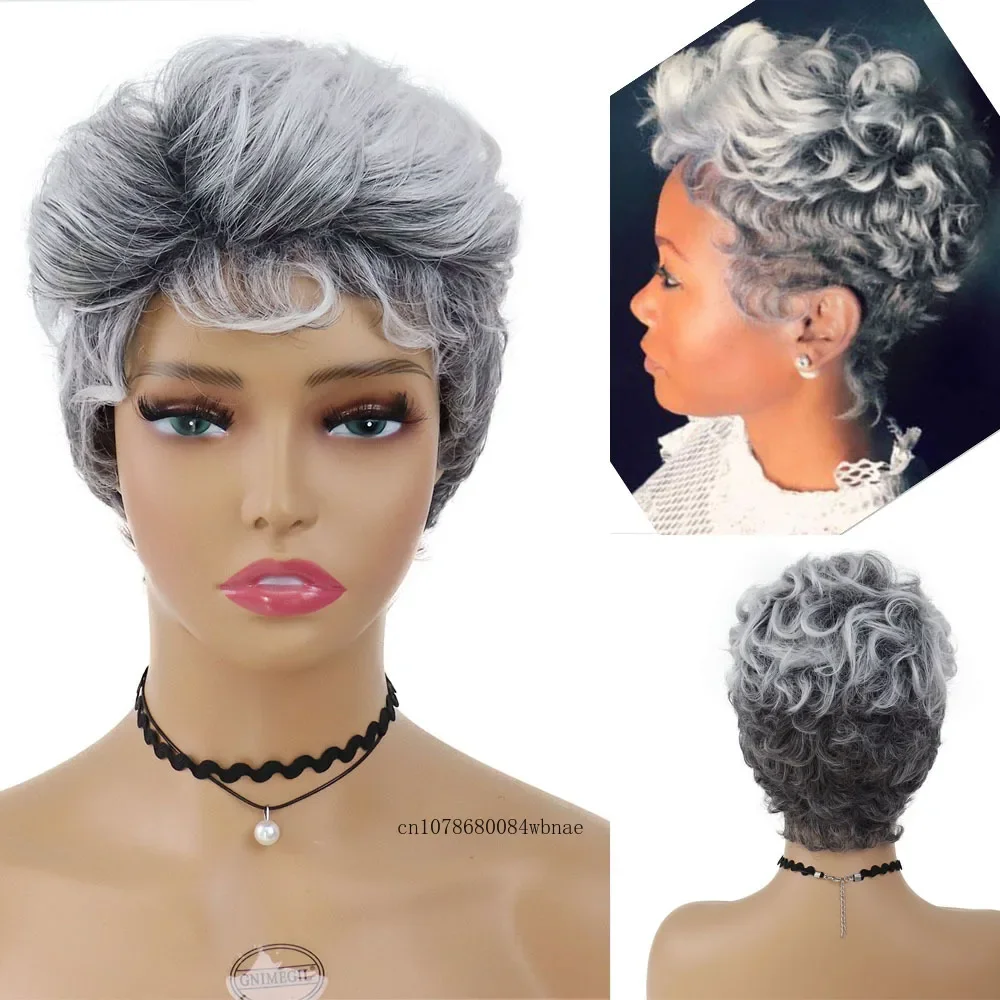 Classic Pixie Cut Hairstyle Synthetic Hair Short Ombre Grey Wig with Bangs Fluffy Curly Wigs for Women Heat Resistant Daily Use