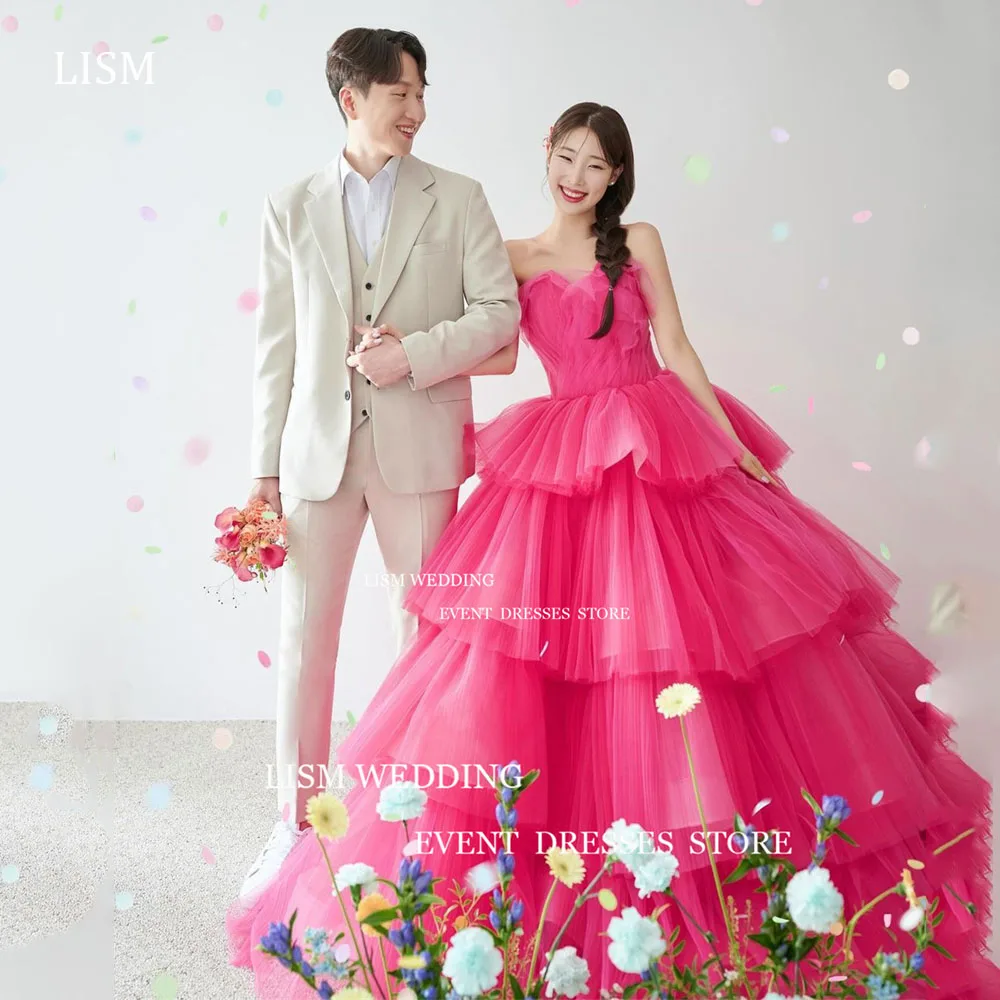 LISM gaun malam Korea Rose Red A Line, pemotretan foto Ruffles peri Tulle terbungkus Tiered pernikahan Prom Formal gaun acara 2024