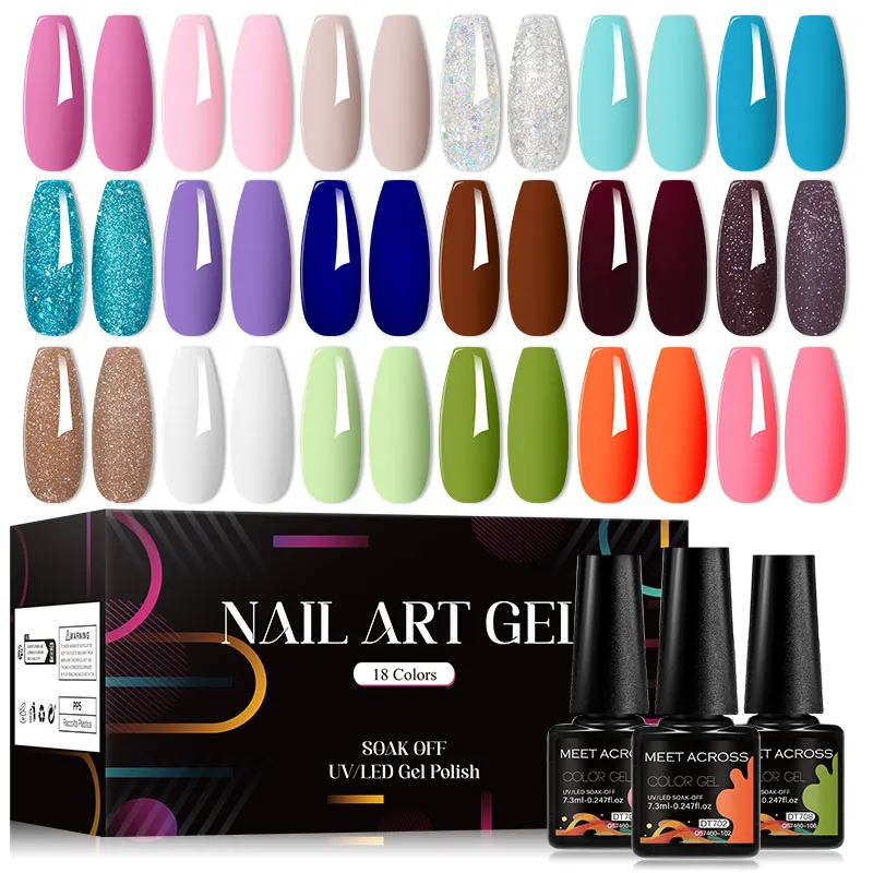 MEET ACROSS 18Pcs/Set Classic Colors Gel Nail Polish Glitter Sparkly Nail Art Semi Permanent UV Gel Varnishes Manicure For Nails