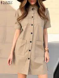 ZANZEA Elegant Women Knee-length Dress Short Sleeve 2024 Summer Button Up Work Vestido Fashion Turn-Down Collar Cargo Shirtdress