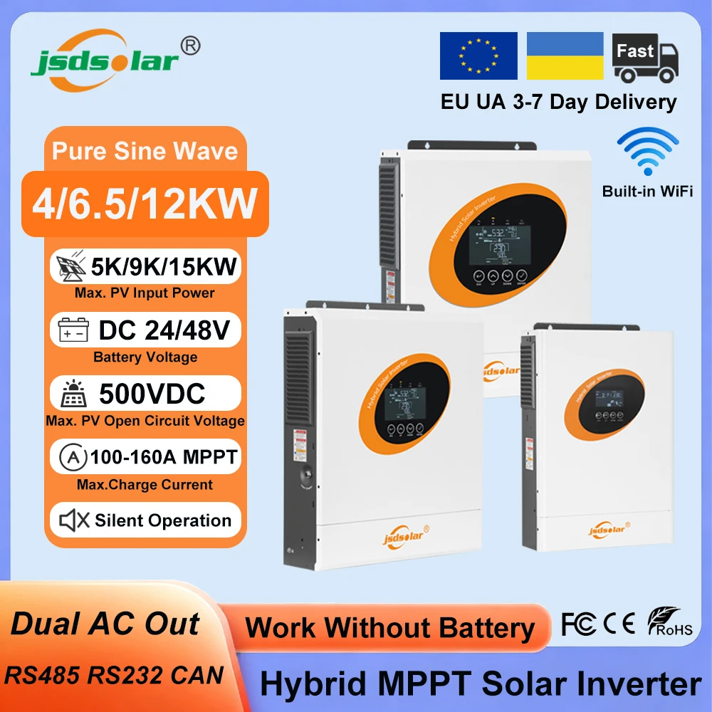 Jsdsolar4KW6.5KW12KWHybridSolarInverter24V48VPureSineWaveOn/OffGrid160AMPPTSolarInverterPV500VDCWithWiFi-AliExpress