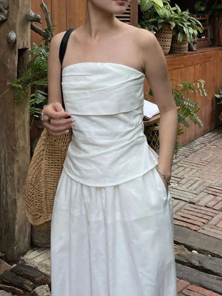 Women's folding strapless strapless strapless top with solid color waist cinched and split hem slim fit and high-end strapless