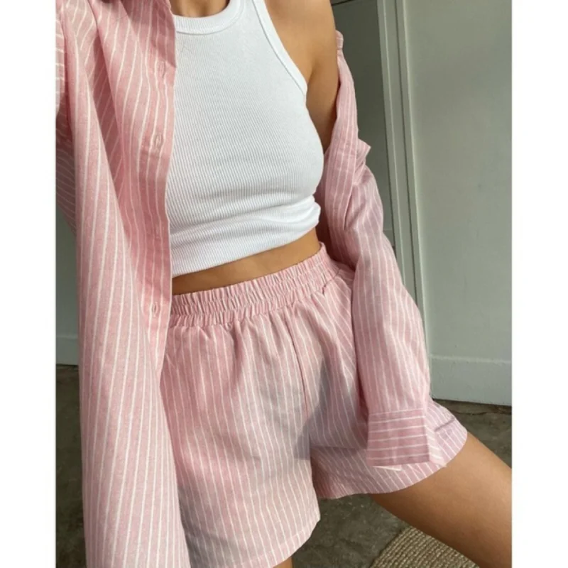Two-Piece Striped Sportswear Set for Women, Casual Shorts, Long Sleeved Shirt Top, Loose Fitting, High Waisted, Home Clothing