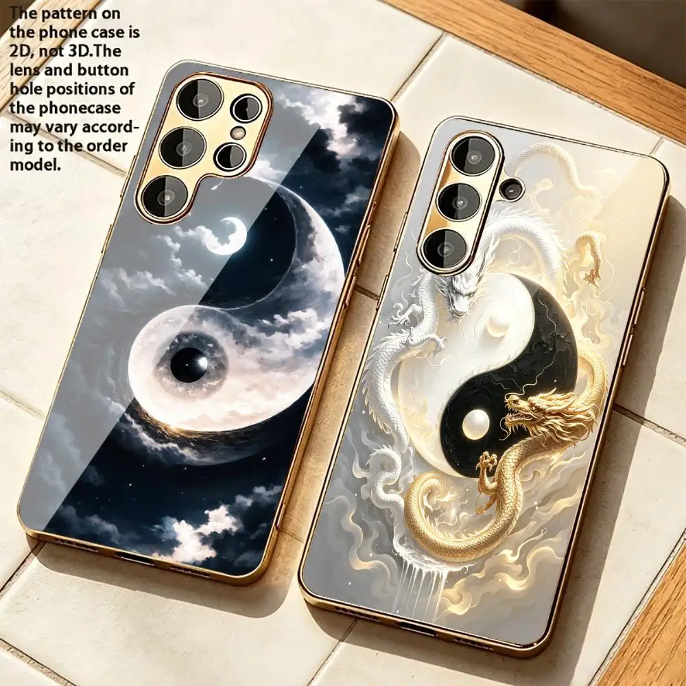 Ink Wash Chinese Dragon Tai Chi Design Cover Electroplated Frame Tempered Glass Phone Case for Samsung Galaxy S26/S25/S24/S23