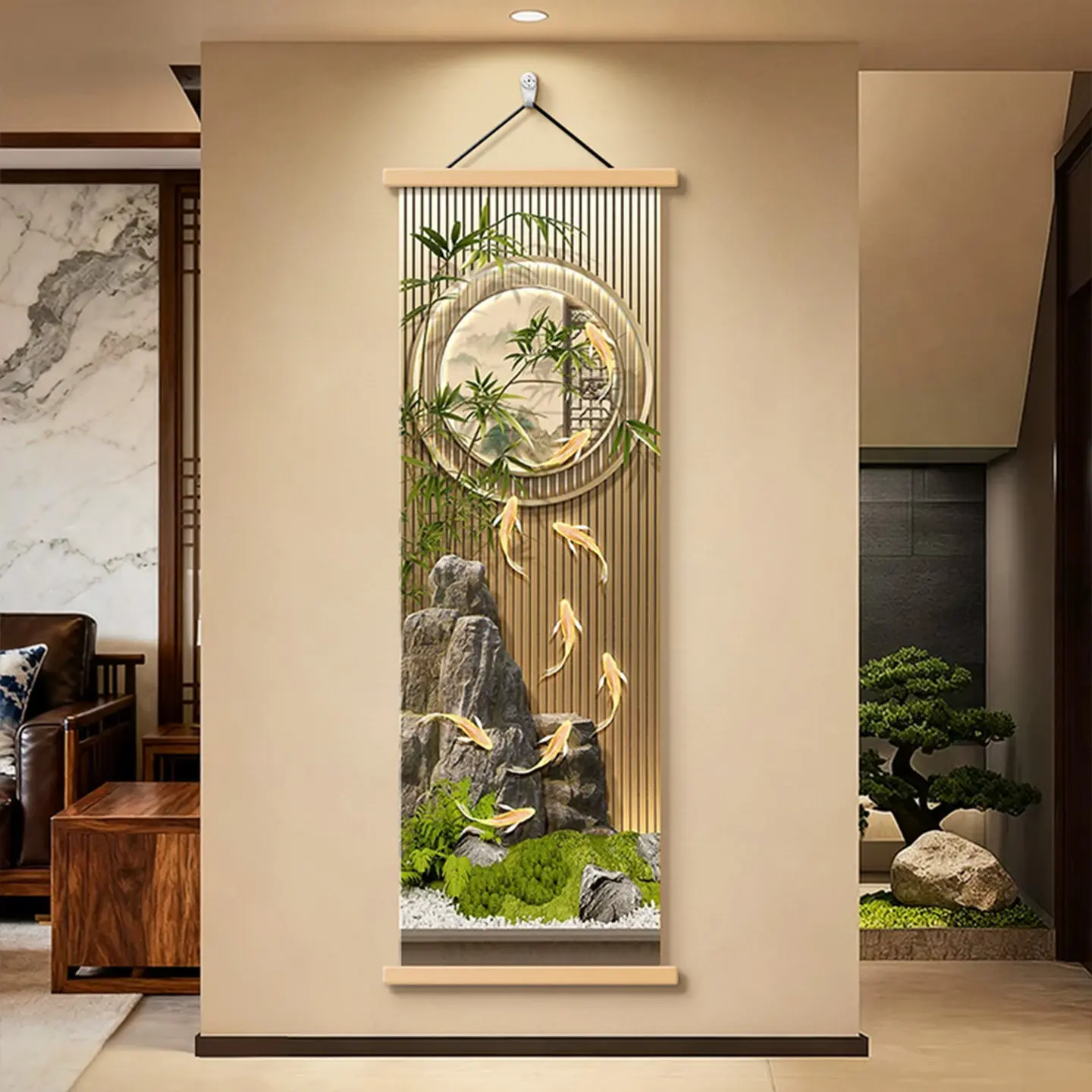 New Chinese Koi Nine Fish Scroll Wall Art, Water Wealth Entryway Foyer Decor Painting, Hallway Hanging Mural Feng Shui Decor