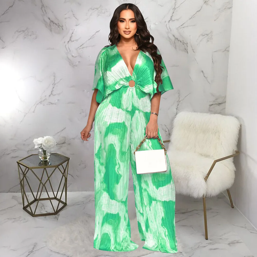 2024 New Printing Pleat  Loose Jumpsuit Women Sexy Deep  V-neck Ruched Loose Full Length Jumpsuit Wide Leg Pants