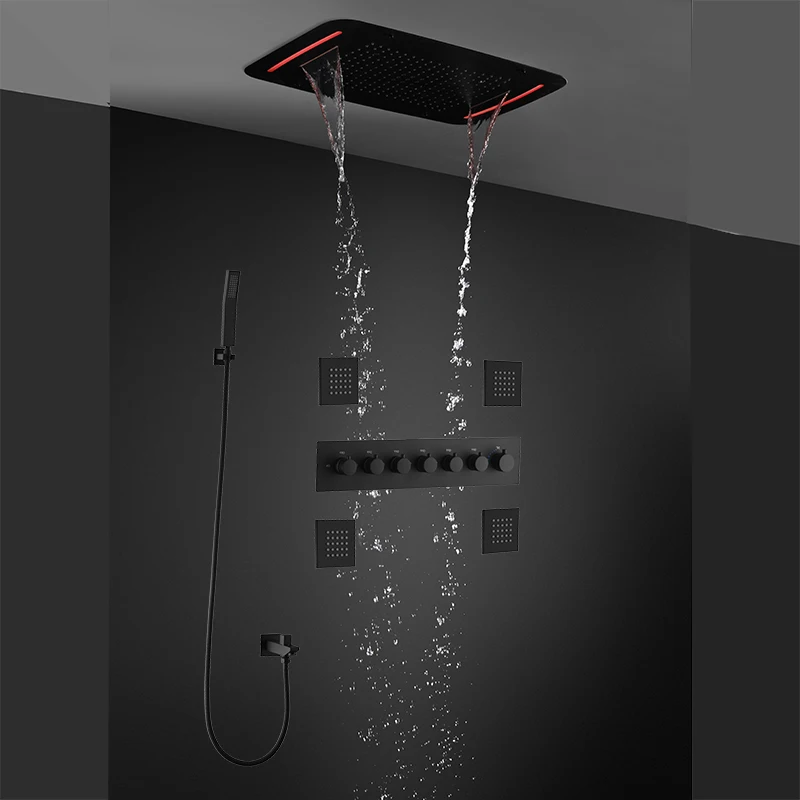 Newest  Matter Black Shower System Bathroom Ceiling Thermostatic Led Shower Set with Body Jet
