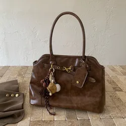PU Leather Commuter Fashion Vintage Casual Tote Bag Maillard Stylish Crossbody Bags for Women Texture Large Capacity Temperament