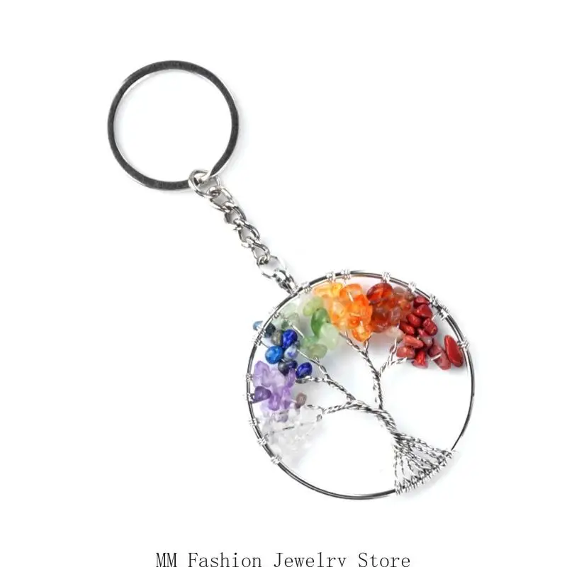 Everyday Tree Keychain with Stone Chip Pendant and Silver Tone Split Ring for Key Organization and Bag Charm Use D0UB