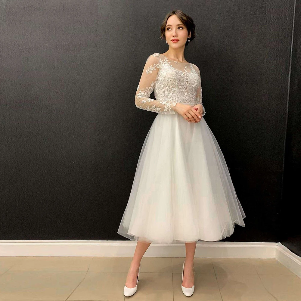 Tea Length Wedding Dress For Bride Elegant Formal Bridal Gown Woman Long Sleeve Button Back Custom A Line Vestido De Novia 2024