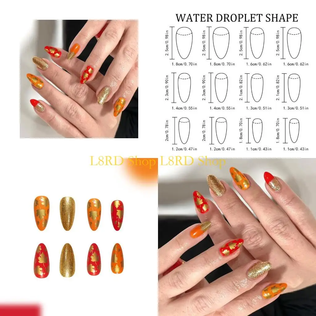 L8RD 24 個秋メープルリーフプレスオンネイルアーモンドフェイクネイルグリッター Desigsn 感謝祭偽ネイル秋スティックオンネイル