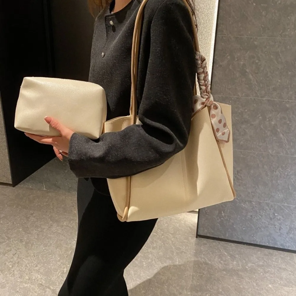 

Tote Bag Women PU Shoulder Bag with Small Bag PU Leather Silk Scarf Straps Handbag Portable Large Capacity PU Underarm Bag