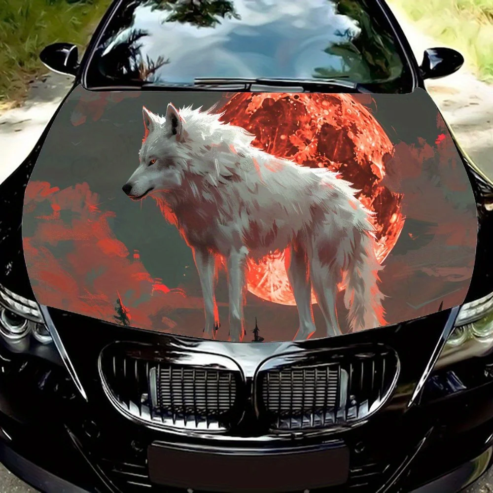 

Mystic Red Moon Wolf PVC Car Vinyl Wraps, Self-Adhesive Waterproof Car Hood Decal Sticker, Car Decoration Protection Stickers fo