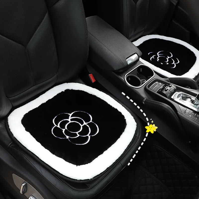 Winter Soft Plush Universal Car Seat Cover Classic Black White Camellia Flower Auto Seat Cushion Keep Warm Mats Car Accessories
