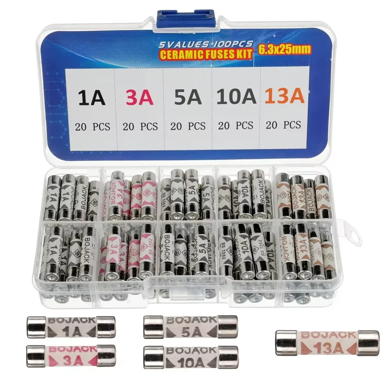 100pcs Boxs Fast Ceramic Fuses Kit British Plug Fuse Fast Blow Tube Fuses 1/3/5/10/13A Household Mains Plug Fuse Ceramic House