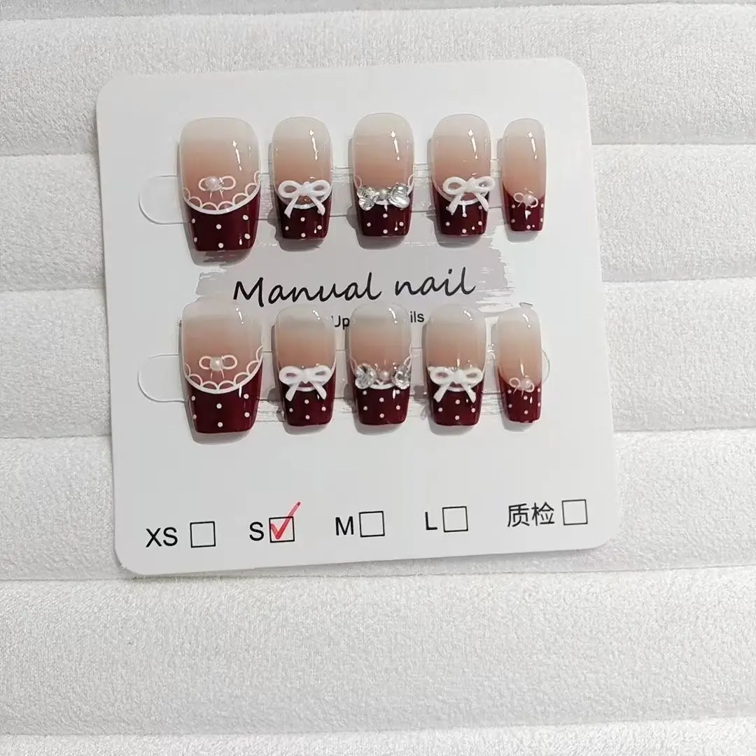 

10 шт., съемные накладные ногти в горошек, красный бант, носимые ногти ручной работы, милые милые французские накладные ногти для девочек, накладные ногти