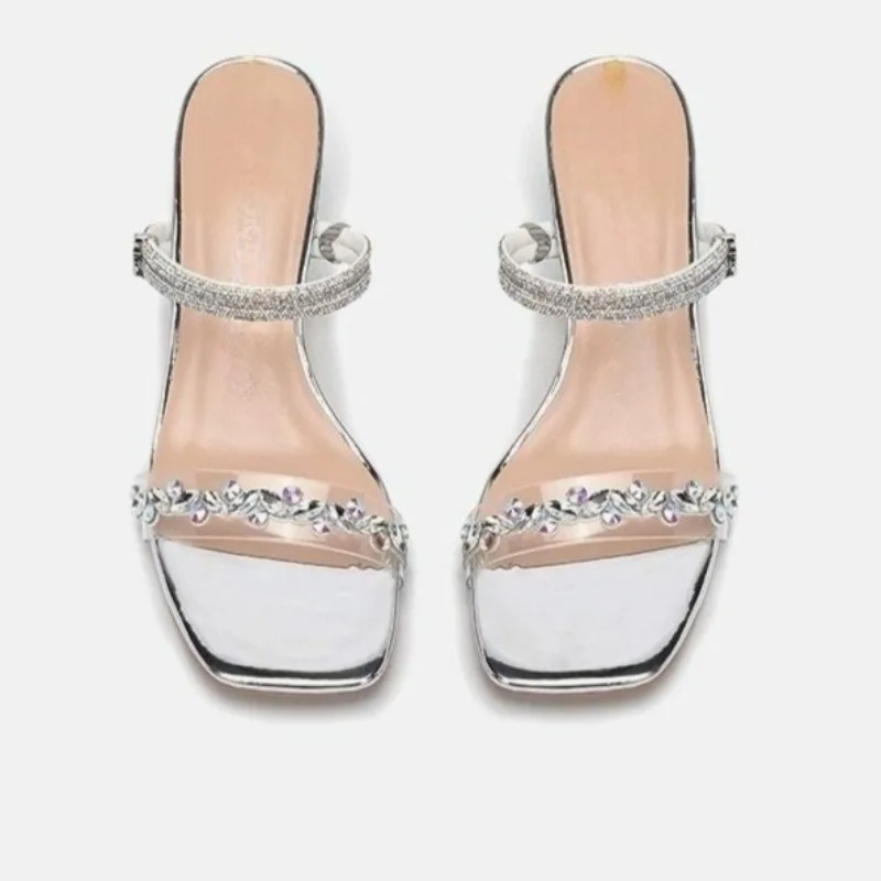 Two-Wear Stiletto Sandals Autumn New Square Toe Rhinestone Clear Strap Anti-Slip Wear-Resistant Kitten Heels