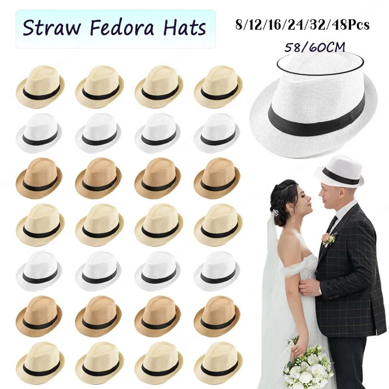 Chapeau Fedora en paille de mariage pour hommes et femmes, chapeau Trilby à bord court, Panama, cadeaux de fête de plage, grande tête, 58/60cm