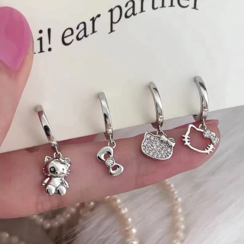 

Sanrio Hello Kitty Bow Zircon Earrings Female Jewelry Ornament Cute Girl Kt Cat Ear Accessories Light Luxury Design Sense Gift