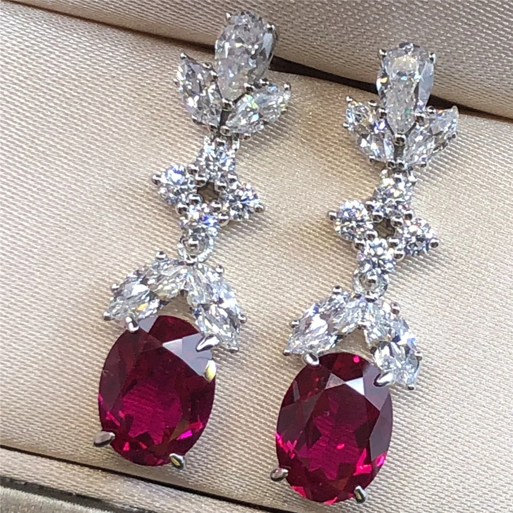 Oval Shape 1.5CT/ Piece Ruby Diamond Women Solid White Gold Au750 Gemstone Earrings Popular Birthday Jewelry For Lady With Box