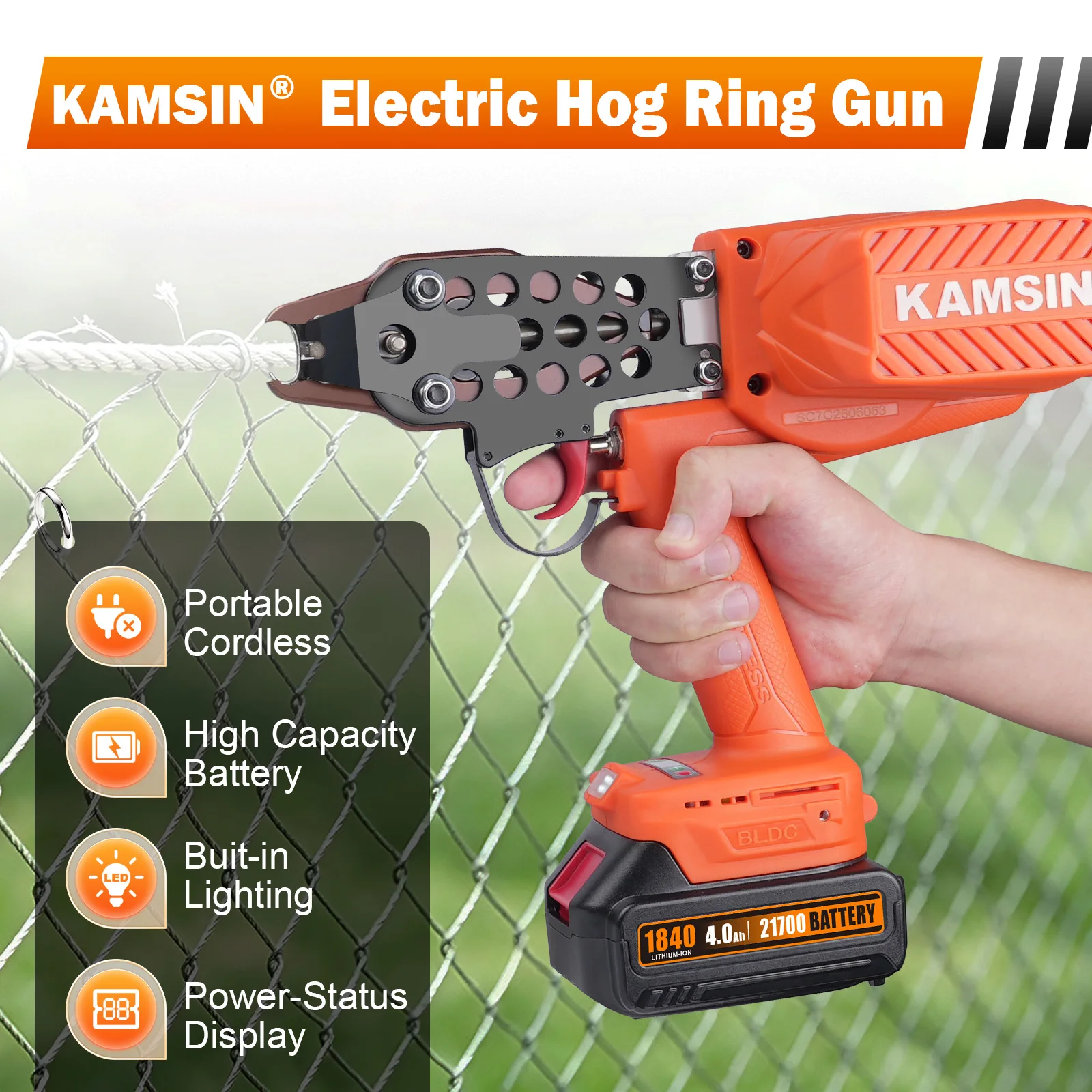 KAMSIN Cordless Hog Ring Gun Li-ion C Ring Stapler Wire Binding Plier for Wire Mesh Fencing Spring Mattress Pet Cage Assembly