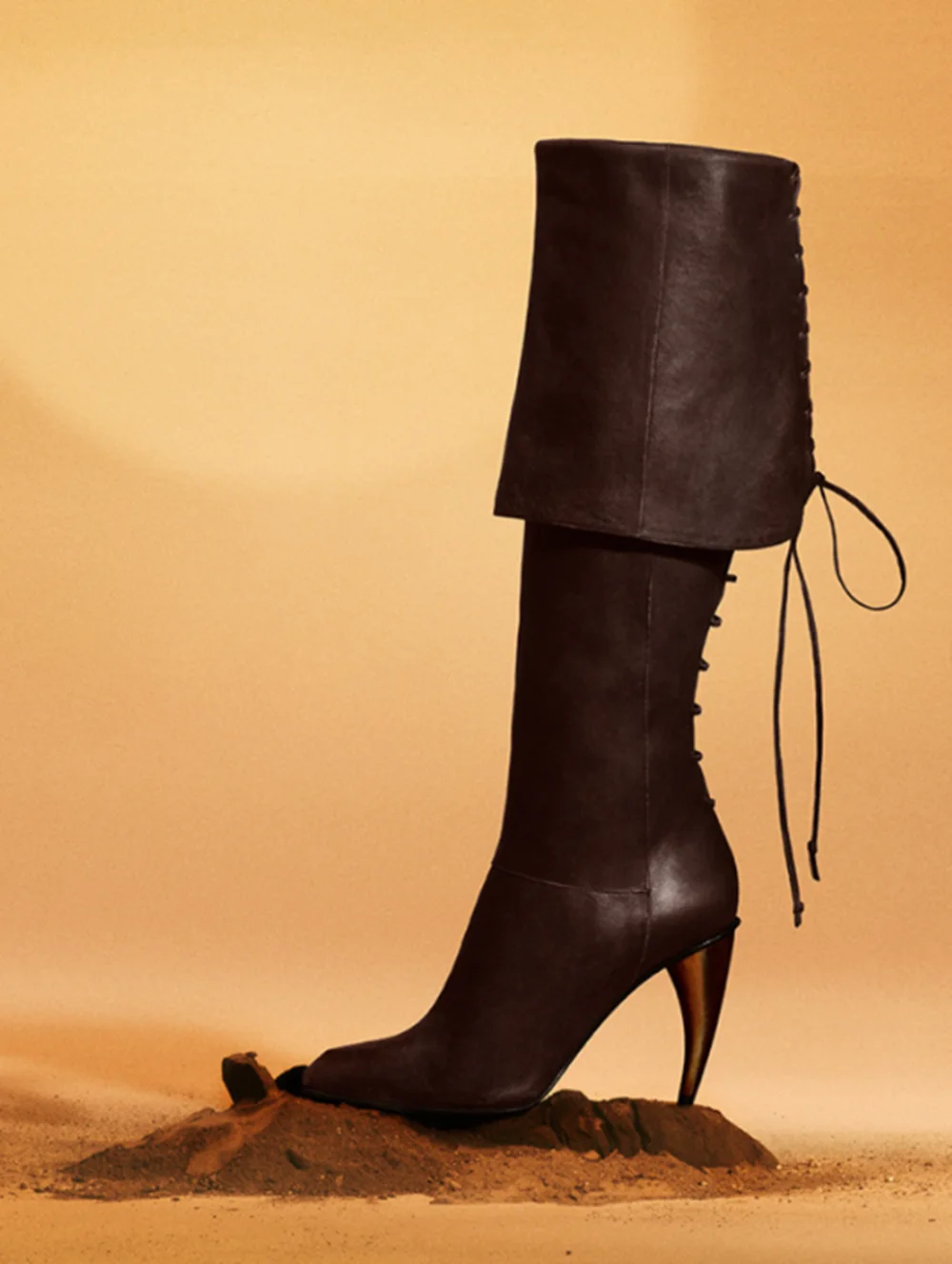 Dark Brown Leather Fold Over Cuff Knee High Stiletto Boots Pointed Toe Full Back Lace-Up Ties Retro Western Tall Boots